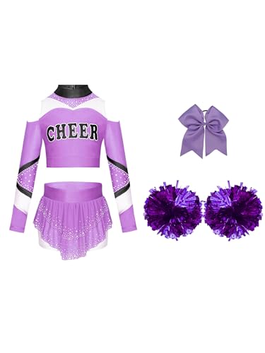 Miaeowve Cheerleadering Outfit Mädchen Tanzkostüm Langarm Shirt Kurz Top Mit Strass Faltenrock Schleife Stirnband Pompons Faschingskostüm Helles Lila 110-116 von Miaeowve