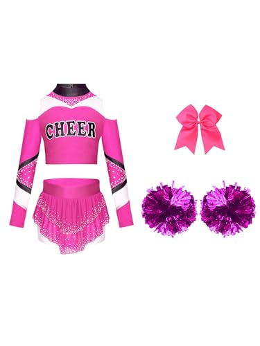 Miaeowve Cheerleadering Outfit Mädchen Tanzkostüm Langarm Shirt Kurz Top Mit Strass Faltenrock Schleife Stirnband Pompons Faschingskostüm Hot Pink 110-116 von Miaeowve