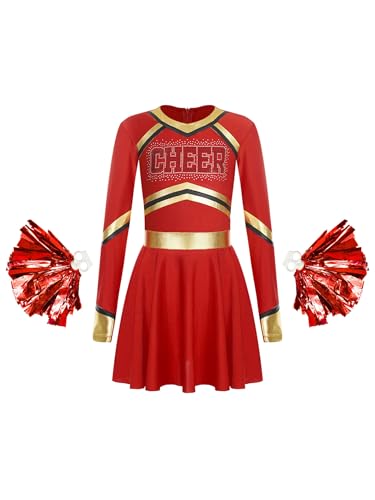 Miaeowve Cheerleading Training Outfit Kinder Mädchen Langarm Kleid Metallic Patchwork Partykleid CHEER Print Tanzkleid Mit Pompoms Tanzkostüm Rot 110-116 von Miaeowve