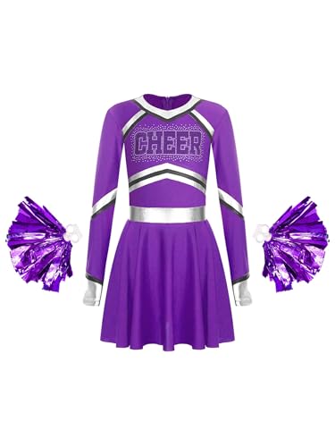 Miaeowve Cheerleading Training Outfit Kinder Mädchen Langarm Kleid Metallic Patchwork Partykleid CHEER Print Tanzkleid Mit Pompoms Tanzkostüm Violett 170 von Miaeowve