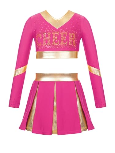 Miaeowve Cheerleading Training Outfit Kinder Mädchen Langarm Tanz Top Metallic Patchwork Oberteil Kurz High Waist Faltenrock Minirock Mit Innenslip Dancewear Hot Pink 146-152 von Miaeowve