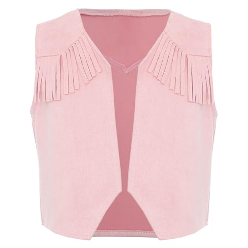 Miaeowve Cowboy Cowgirl Kostüm Kinder Jungen Mädchen Fransenweste Ärmellos Wildlederjacke Quasten Westernjacke Vorne Offen Faschingkostüm Rosa 98-104 von Miaeowve