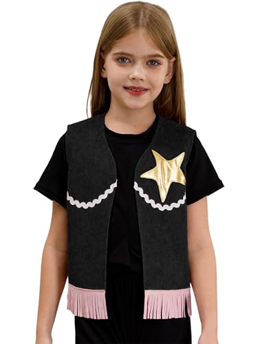 Miaeowve Cowboy Weste Kinder Mädchen Jungen Wildleder Weste Mit Fransen Metallic Sterne Patchwork Jacke Ärmellos Mantel Cosplay Verkleidung Schwarz 134-140 von Miaeowve