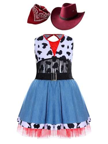 Miaeowve Cowgirl Kostüm Kinder Mädchen Kleid Ärmellos Kuhmuster Jeanskleid + Cowboyhut + Bandana Kopftuch 60er 70er Jahre Boho Hippie Outfit Burgundy 170 von Miaeowve