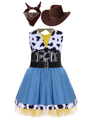 Miaeowve Cowgirl Kostüm Kinder Mädchen Kleid Ärmellos Kuhmuster Jeanskleid + Cowboyhut + Bandana Kopftuch 60er 70er Jahre Boho Hippie Outfit Dunkler Kaffee 158-164 von Miaeowve