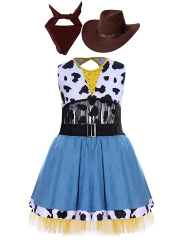 Miaeowve Cowgirl Kostüm Kinder Mädchen Kleid Ärmellos Kuhmuster Jeanskleid + Cowboyhut + Bandana Kopftuch 60er 70er Jahre Boho Hippie Outfit Dunkler Kaffee 170 von Miaeowve