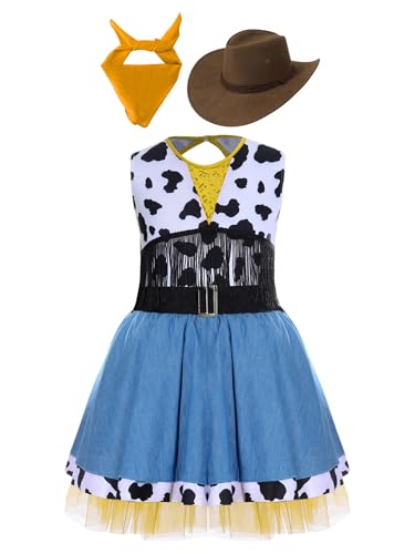 Miaeowve Cowgirl Kostüm Kinder Mädchen Kleid Ärmellos Kuhmuster Jeanskleid + Cowboyhut + Bandana Kopftuch 60er 70er Jahre Boho Hippie Outfit Sekt 134-140 von Miaeowve