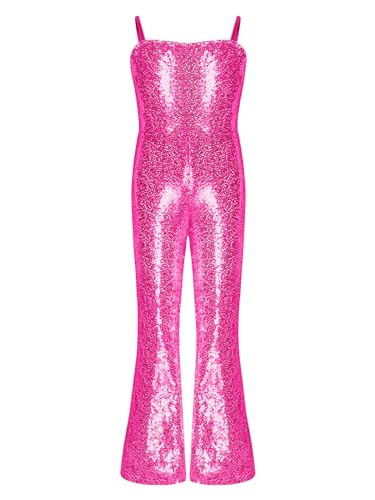 Miaeowve Fasching Film Charakter Cowgirl Kostüm Kinder Mädchen Overall Ärmellos Jumpsuit Pailletten Ganzkörper Body 70er 80er Jahre Hippie Disco Outfits Hot Pink 146-152 von Miaeowve