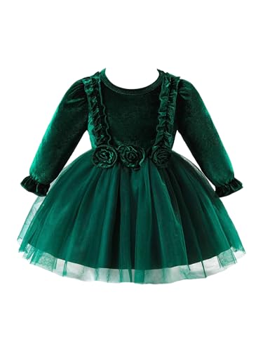 Miaeowve Festliches Kleid Baby Mädchen Weihnachtskostüm Langarm Rüschen Partykleid A Linien Hochzeitskleid Mit Blumen Kinder Tüllrock Tutu Süß Grün 74-80 von Miaeowve