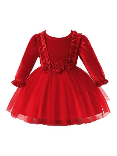 Miaeowve Festliches Kleid Baby Mädchen Weihnachtskostüm Langarm Rüschen Partykleid A Linien Hochzeitskleid Mit Blumen Kinder Tüllrock Tutu Süß Rot 104-110 von Miaeowve