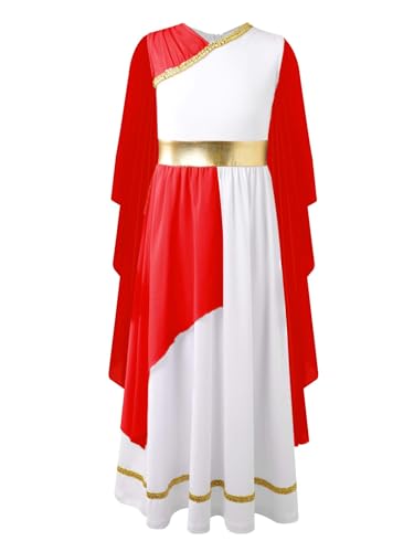 Miaeowve Griechische Römische Göttin Karneval Kostüm Kinder Mädchen Langarm Kleider Athena V-Ausschnitt Römische Olympia Toga Partykleider Festlich Rot 170 von Miaeowve