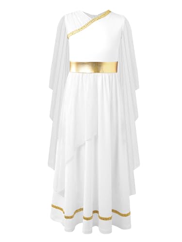 Miaeowve Griechische Römische Göttin Karneval Kostüm Kinder Mädchen Langarm Kleider Athena V-Ausschnitt Römische Olympia Toga Partykleider Festlich Weiß 170 von Miaeowve