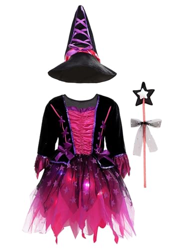 Miaeowve Hexenkostüm Kinder Mädchen Langarm Mittelalterliche Kleid Komplett 3 Teilig Hexenkleid + Hut + Zauberstab Halloween Fasching Cosplay Verkleidung Lila 110-116 von Miaeowve