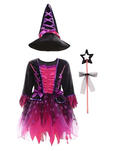 Miaeowve Hexenkostüm Kinder Mädchen Langarm Mittelalterliche Kleid Komplett 3 Teilig Hexenkleid + Hut + Zauberstab Halloween Fasching Cosplay Verkleidung Violett 104-110 von Miaeowve