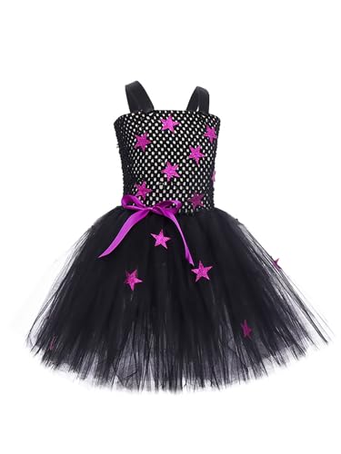 Miaeowve Hexenkostüm Kinder Mädchen Schwarz Hexenkleid Ärmellos Partykleid Glitzer Sterne Abendkleid Mit/Ohne Mond Spitzhut Cosplay Verkleidung Schwarz 116-122 von Miaeowve