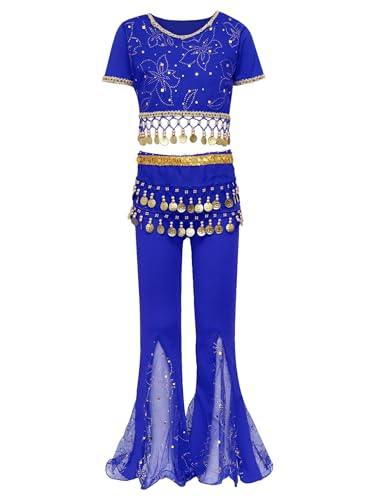 Miaeowve Indische Kleidung Bollywood Orient Kostüm Kurzarm Kurz Top Pailletten Quasten Schlaghose Fasching Karneval Cosplay Outfit Königsblau 98-104 von Miaeowve