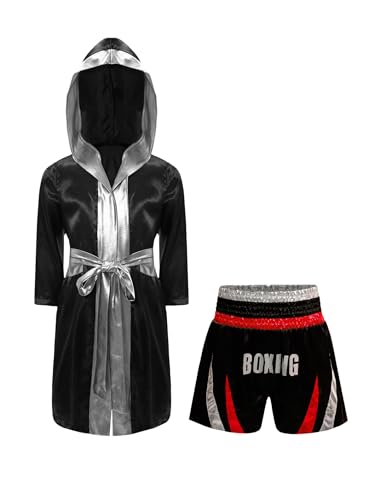 Miaeowve Kickboxen Anzug Kinder Junge Langarm Satin Kapuzenumhang + Metallic Gürtel + MMA Shorts Kampfsportanzug Rot und Silber A 170 Miaeowve Kickboxen Anzug Kinder Junge Langarm Satin Kapuzenumhang + Metallic Gürtel + MMA Shorts Kampfsportanzug Rot und Silber A 170 von Miaeowve