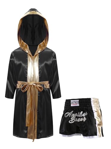 Miaeowve Kickboxen Anzug Kinder Junge Langarm Satin Kapuzenumhang + Metallic Gürtel + MMA Shorts Kampfsportanzug Schwarzes Gold 110-116 von Miaeowve