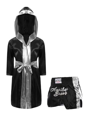 Miaeowve Kickboxen Anzug Kinder Junge Langarm Satin Kapuzenumhang + Metallic Gürtel + MMA Shorts Kampfsportanzug Schwarzes Silber 110-116 von Miaeowve