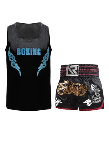 Miaeowve Kinder Junge Kickboxen Trainingsanzug Ärmellos Sport Oberteil Mit Kickboxing Shorts Kickboxer Boxer Kostüm Schwarz & Hellblau A 122-128 von Miaeowve