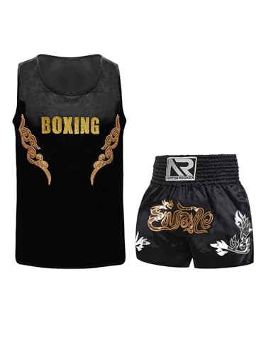 Miaeowve Kinder Junge Kickboxen Trainingsanzug Ärmellos Sport Oberteil Mit Kickboxing Shorts Kickboxer Boxer Kostüm Schwarzes Gold A 170 von Miaeowve