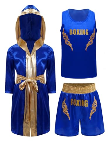 Miaeowve Kinder Junge Muay Thai MMA Anzug Robe Satin Kapuzenumhang Ärmellos Top Kick Boxshorts Kampfsport Kleidung Set Trainingsanzug Blau 134-140 Miaeowve Kinder Junge Muay Thai MMA Anzug Robe Satin Kapuzenumhang Ärmellos Top Kick Boxshorts Kampfsport Kleidung Set Trainingsanzug Blau 134-140 von Miaeowve