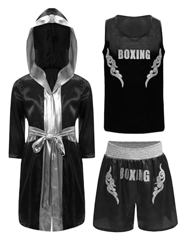 Miaeowve Kinder Junge Muay Thai MMA Anzug Robe Satin Kapuzenumhang Ärmellos Top Kick Boxshorts Kampfsport Kleidung Set Trainingsanzug Schwarzes Silber 158-164 Miaeowve Kinder Junge Muay Thai MMA Anzug Robe Satin Kapuzenumhang Ärmellos Top Kick Boxshorts Kampfsport Kleidung Set Trainingsanzug Schwarzes Silber 158-164 von Miaeowve