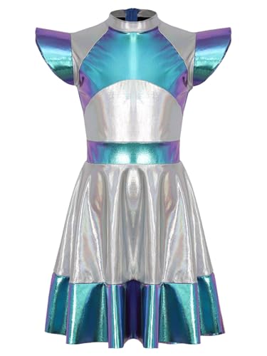 Miaeowve Kinder Mädchen Alien Kleid Kostüm Metallic Glitzer Partykleid Fliegenärmel Faltenkleid Mit Stehkragen Fasching Karneval Cosplay Verkleidung Blau 110-116 von Miaeowve