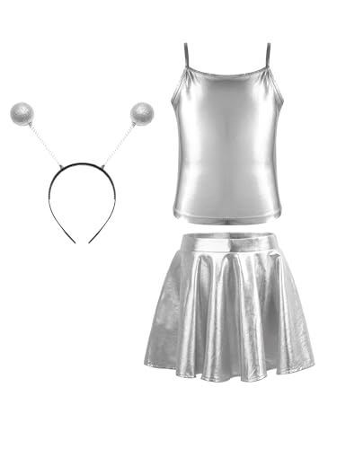 Miaeowve Kinder Mädchen Alien Kostüm Ärmellos Metallic Oberteil + A Linien Faltenrock + Alien Stirnband Haarreifen Weltall Kleid Space Girl Outfit Silber 110-116 von Miaeowve