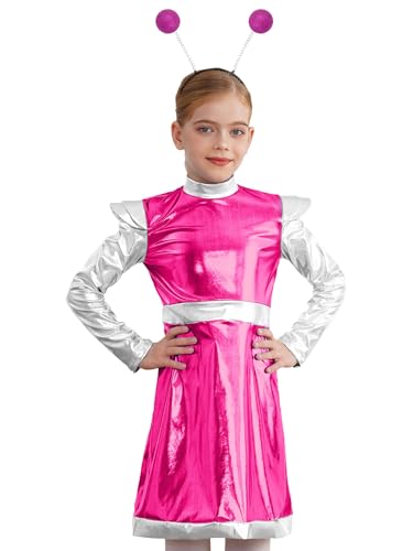 Miaeowve Kinder Mädchen Alien Kostüm Langarm Metallic Kleid Mit Alien Stirnband Raumfahrt Anzug Space Girl Travel Outfit Hot Pink 110-116 von Miaeowve