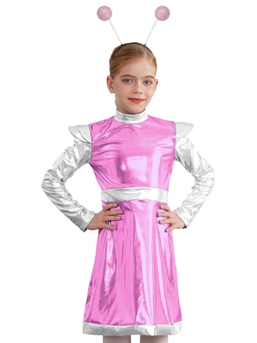 Miaeowve Kinder Mädchen Alien Kostüm Langarm Metallic Kleid Mit Alien Stirnband Raumfahrt Anzug Space Girl Travel Outfit Rosa 146-152 von Miaeowve