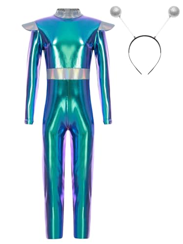 Miaeowve Kinder Mädchen Alien Kostüm Metallic Body Ganzkörper Overall Langarm Glitzer Jumpsuit Mit Alien Stirnband 2tlg Cosplay Verkleidung Blau 170 von Miaeowve