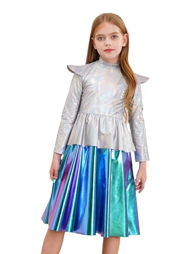 Miaeowve Kinder Mädchen Alien Kostüm Metallic Glitzer Partykleid Langarm Abendkleid Stehkragen Patchwork Tanzkleid Prinzessin Gr. 110-170 Silber 170 von Miaeowve