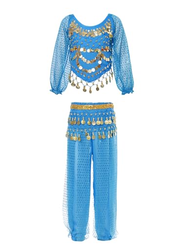 Miaeowve Kinder Mädchen Bauchtanz Kostüm Indische Arabische Tanzbekleidung Set Langarm Pailletten Shirt Fransen Quaste Top Mit Tanzhose Leggings Tanzkostüm Himmelblau 110-122 von Miaeowve