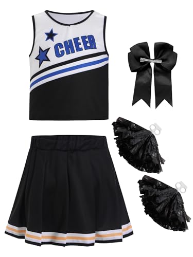 Miaeowve Kinder Mädchen Cheer Leader Kleid Ärmellos Tanz Oberteil CHEER Print Top Mit High Waist Minirock Schleife Stirnband Pompons Tanzkostüm Schwarz 110-116 von Miaeowve