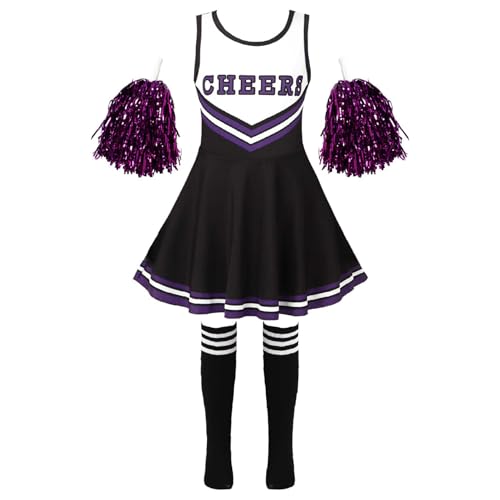 Miaeowve Kinder Mädchen Cheer Leader Kleid Cheerleading Outfit Ärmellos Minikleid Mit Pompons Strümpfe 3tlg Tanzkleidung Set A Schwarz 134-140 von Miaeowve