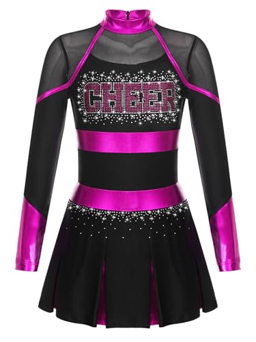 Miaeowve Kinder Mädchen Cheer Leader Kleid Metallic Cheerleaderin Kostüm Langarm Tanzkleid Glitzer Faltenkleid Mit Buchstaben Print Tanzkostüm Schwarz & Hot Pink 170 von Miaeowve