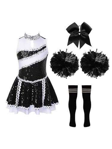 Miaeowve Kinder Mädchen Cheer Leader Kleid Pailletten Glitzer Tanzkleid Mit Schleife Stirnband Pompons Strümpfe Cheerleaderin Kostüm Tanzkostüm A Schwarz-Weiß 134-140 von Miaeowve