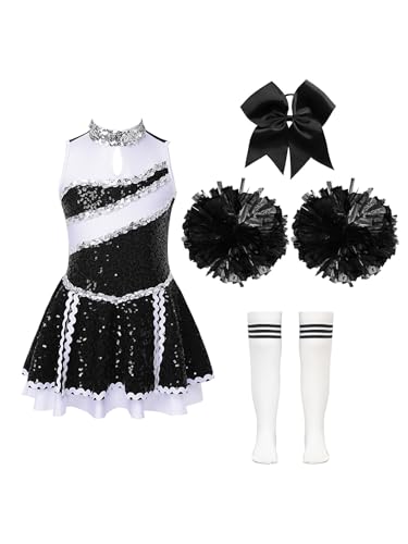 Miaeowve Kinder Mädchen Cheer Leader Kleid Pailletten Glitzer Tanzkleid Mit Schleife Stirnband Pompons Strümpfe Cheerleaderin Kostüm Tanzkostüm A Weiß&Schwarz 146-152 von Miaeowve