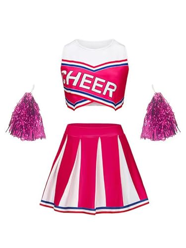 Miaeowve Kinder Mädchen Cheer Leader Kostüm Ärmellos Kurz Top Mit Faltenrock Handblumen Fasching Karneval Mottoparty Cheerleaderin Outfit Hot Pink 128-134 von Miaeowve