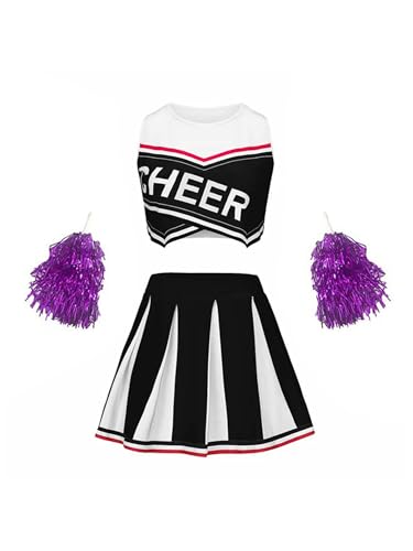 Miaeowve Kinder Mädchen Cheer Leader Kostüm Ärmellos Kurz Top Mit Faltenrock Handblumen Fasching Karneval Mottoparty Cheerleaderin Outfit Schwarz 122-128 von Miaeowve