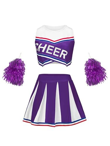 Miaeowve Kinder Mädchen Cheer Leader Kostüm Ärmellos Kurz Top Mit Faltenrock Handblumen Fasching Karneval Mottoparty Cheerleaderin Outfit Violett 122-128 von Miaeowve