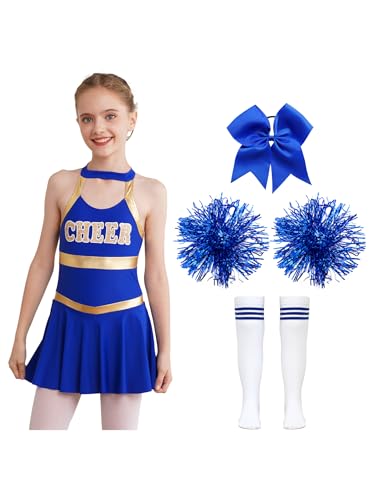 Miaeowve Kinder Mädchen Cheer Leader Kostüm Ärmellos Tanzkleid Mit Pompons Schleife Strümpfe 4tlg Tanzkleidung Für Fasching Karneval A blaues 170 von Miaeowve