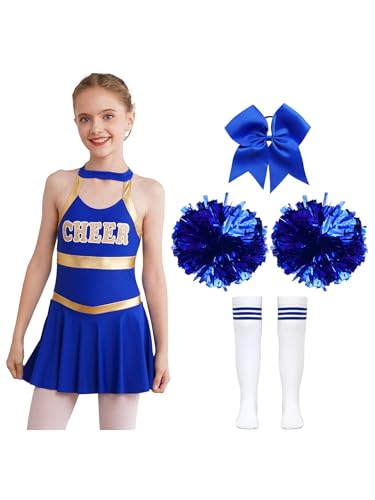 Miaeowve Kinder Mädchen Cheer Leader Kostüm Ärmellos Tanzkleid Mit Pompons Schleife Strümpfe 4tlg Tanzkleidung Für Fasching Karneval B Blau 110-116 von Miaeowve