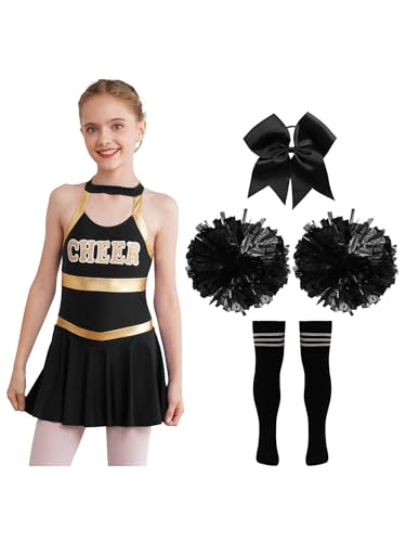 Miaeowve Kinder Mädchen Cheer Leader Kostüm Ärmellos Tanzkleid Mit Pompons Schleife Strümpfe 4tlg Tanzkleidung Für Fasching Karneval B Schwarzweiß 110-116 von Miaeowve