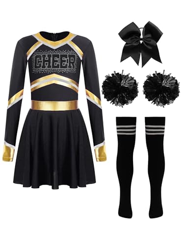 Miaeowve Kinder Mädchen Cheer Leader Kostüm Langarm Metallic Kleid CHEER Print Sportkleid Mit Haarband Pompons Streifen Strümpfe 4tlg Tanzkostüm Schwarz 134-140 von Miaeowve