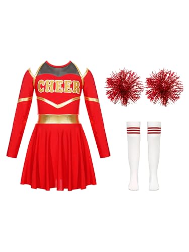 Miaeowve Kinder Mädchen Cheer Leader Kostüm Langarm Metallic Patchwork Kleid Mit Pompons Strümpfe Cheerleaderin Uniform Für Fasching Karneval B Rot 170 von Miaeowve