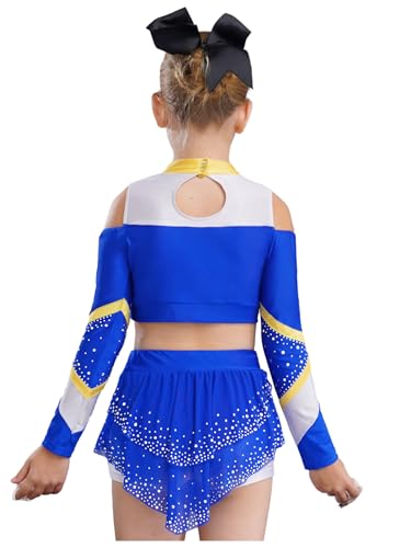 Miaeowve Kinder Mädchen Cheer Leader Kostüm Langarm Strass Glitzer Tanz Top CHEER Print Kurz Oberteil Mit Asymetrisch Tanzrock Für Fasching Karneval Blau 146-152 von Miaeowve