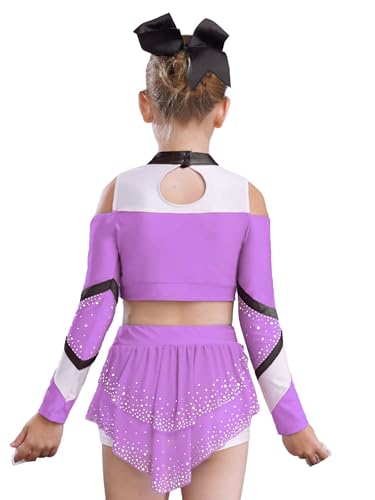 Miaeowve Kinder Mädchen Cheer Leader Kostüm Langarm Strass Glitzer Tanz Top CHEER Print Kurz Oberteil Mit Asymetrisch Tanzrock Für Fasching Karneval Helles Lila 146-152 von Miaeowve