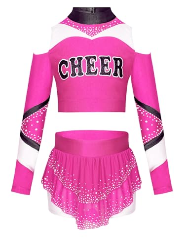 Miaeowve Kinder Mädchen Cheer Leader Kostüm Langarm Strass Glitzer Tanz Top CHEER Print Kurz Oberteil Mit Asymetrisch Tanzrock Für Fasching Karneval Hot Pink 122-128 von Miaeowve